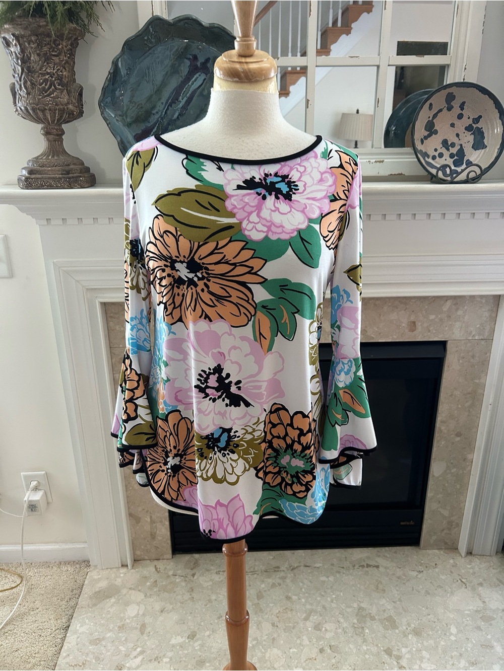 Coco Bianco White Floral Bell-Sleeve Tunic with Pink & Green Accents